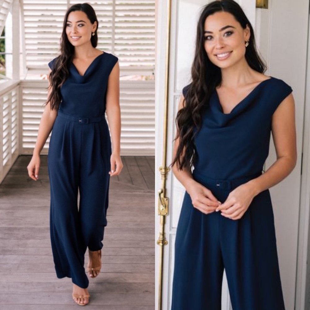 Gal Meets Glam Navy Blue Delia Jumpsuit Size 0 Pockets Draped Neckline Wide Leg